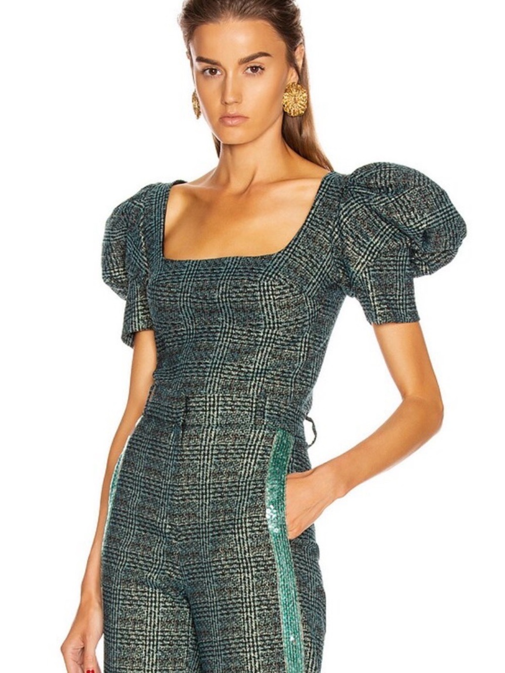 Silvia Tcherassi Teal Plaid Puff-Sleeve Square-Neck Dress